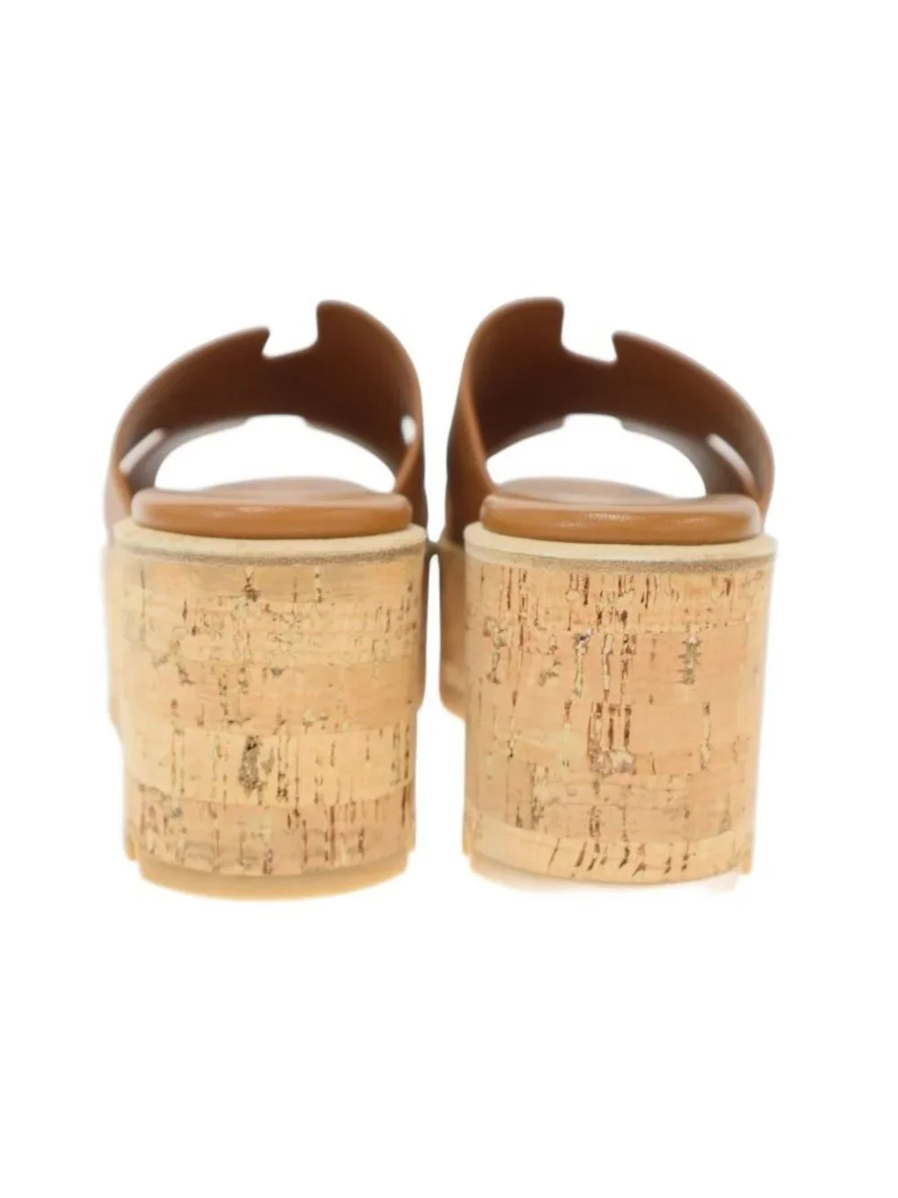 Hermes Eze Platform Cork Sole Leather Sandals Brown